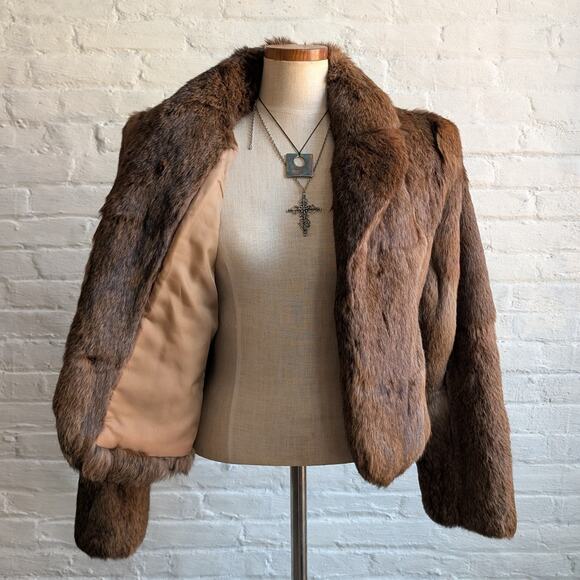 Vintage Brown Rabbit Fur Coat Crop Penny Lane Shaggy Furry Chic Mod Jacket - Picture 3 of 9